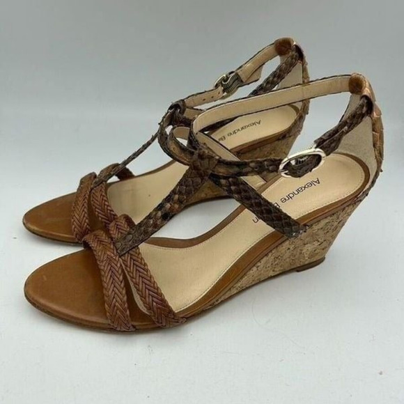 Alexandre Birman Womens Size 5 1/2 or 5.5 Cork‎ Wedge Heels Brown Python T-Strap - Picture 1 of 12